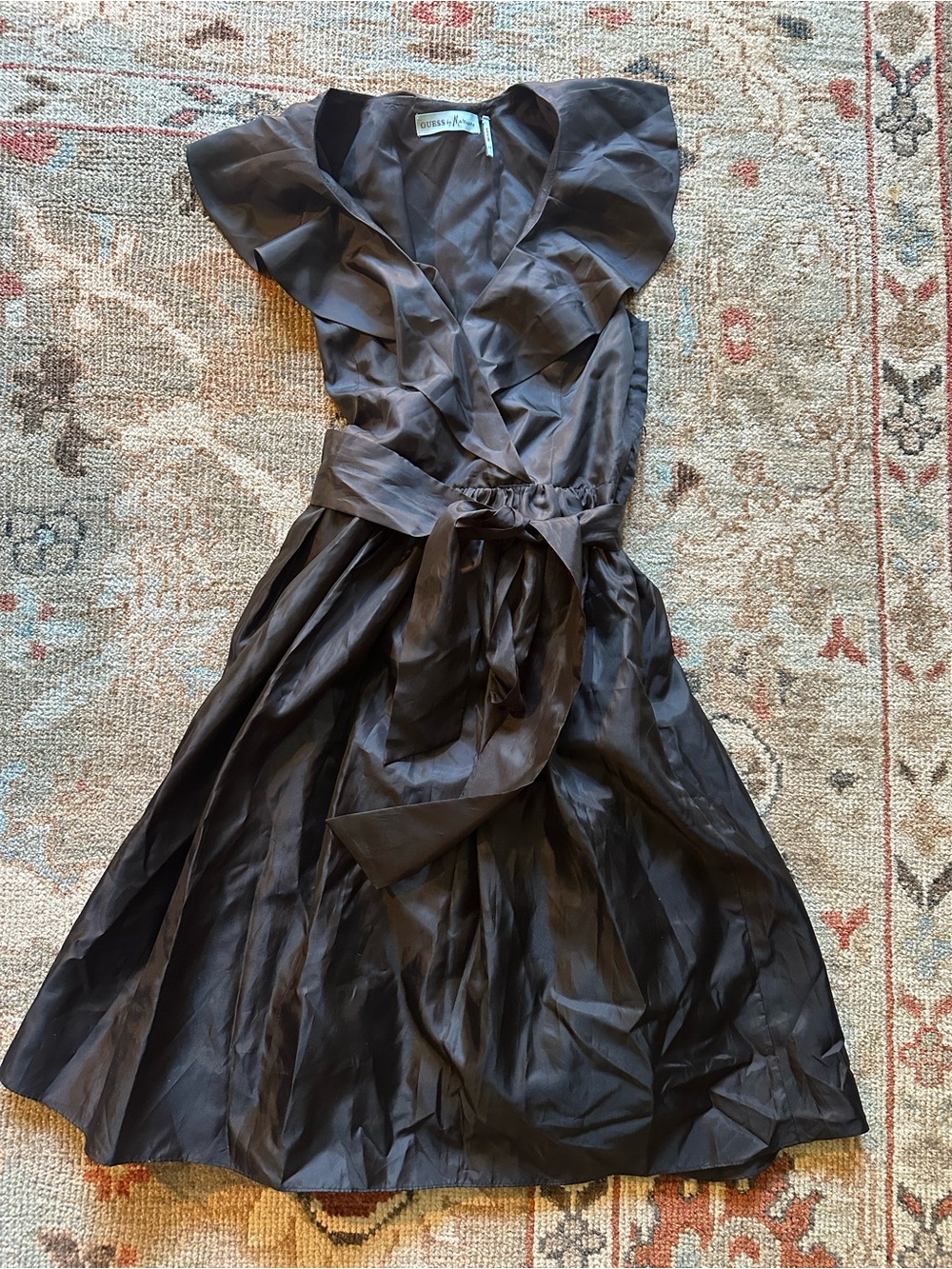 Guess Black Ruffle Wrap Midi Dress with Waist Tie